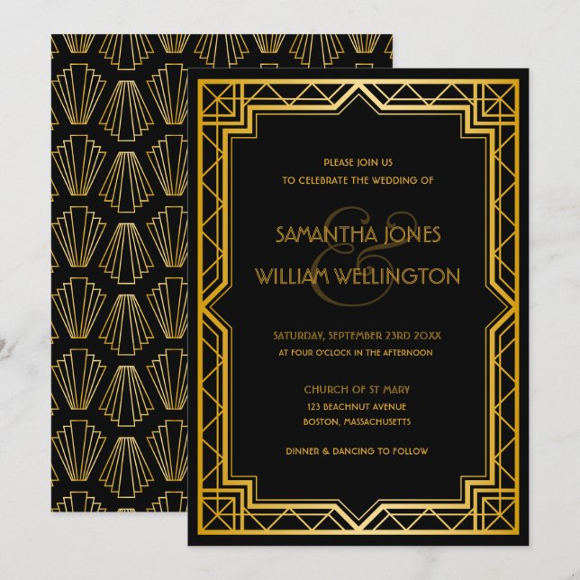 Vintage Elegant Art Deco Black Gold Wedding  Invit Invitation (Front/Back)