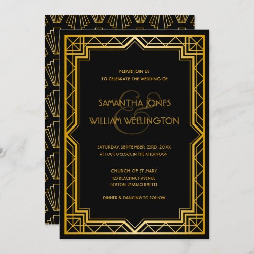 Vintage Elegant Art Deco Black Gold Wedding  Invit Invitation