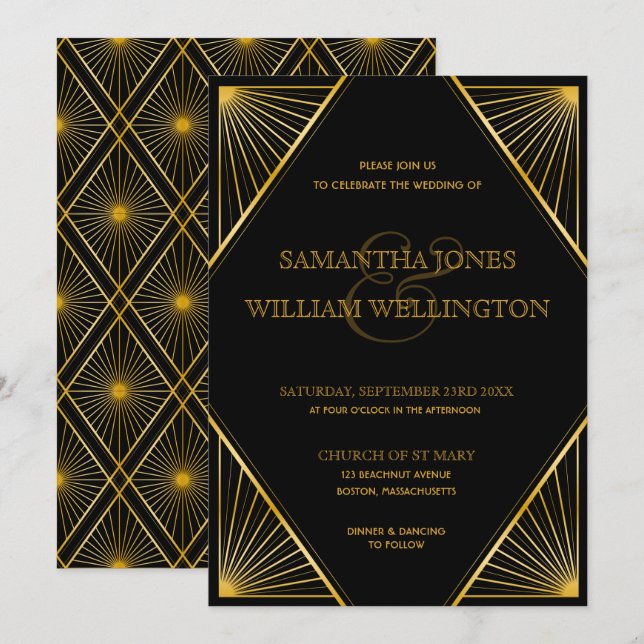 Vintage Elegant Art Deco Black Gold Wedding  Invitation (Front/Back)
