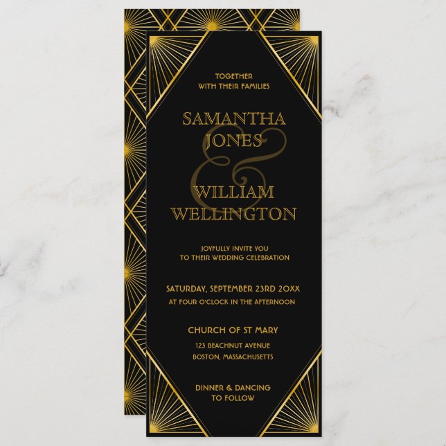 Vintage Elegant Art Deco Black Gold Wedding  Invitation (Front/Back)