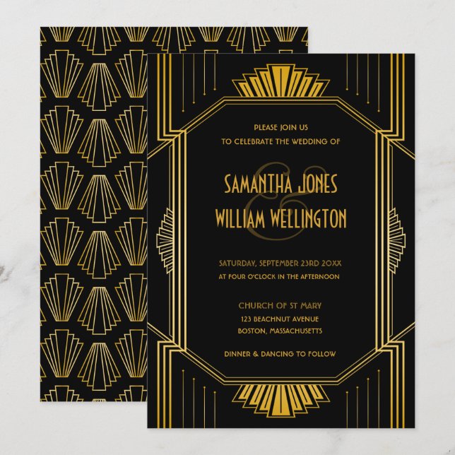 Vintage Elegant Art Deco Black Gold Wedding  Invitation (Front/Back)