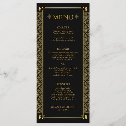 Vintage Elegant Art Deco Black Gold Wedding Menu