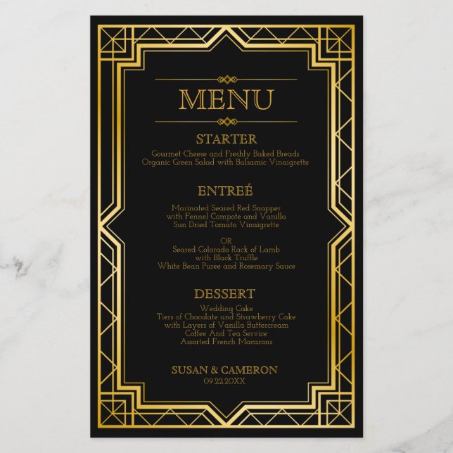 Vintage Elegant Art Deco Black Gold Wedding Menu (Front)
