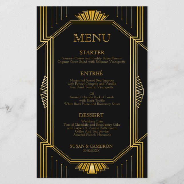 Vintage Elegant Art Deco Black Gold Wedding Menu (Front)
