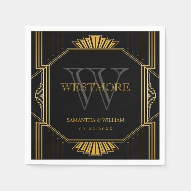 Vintage Elegant Art Deco Black Gold Wedding Napkins (Front)