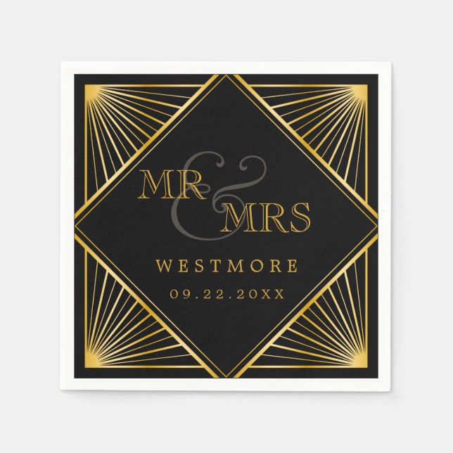 Vintage Elegant Art Deco Black Gold Wedding Napkins (Front)