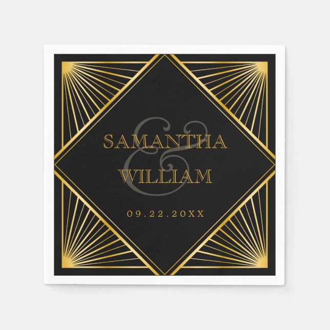 Vintage Elegant Art Deco Black Gold Wedding Napkins (Front)