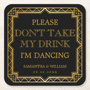 Vintage Elegant Art Deco Black Gold Wedding Square Paper Coaster