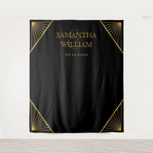 Vintage Elegant Art Deco Black Gold Wedding Tapestry (Front)