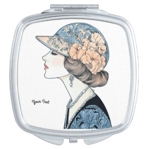 Vintage Elegant Art Deco Fashion Lady Hat Pearls Compact Mirror