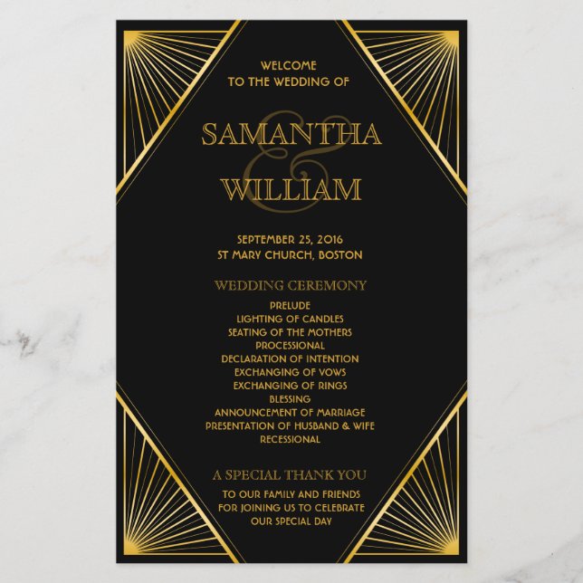 Vintage Elegant Art Deco Gold Wedding Program (Front)