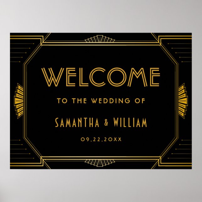 Vintage Elegant Art Deco Gold Wedding Welcome Sign (Front)