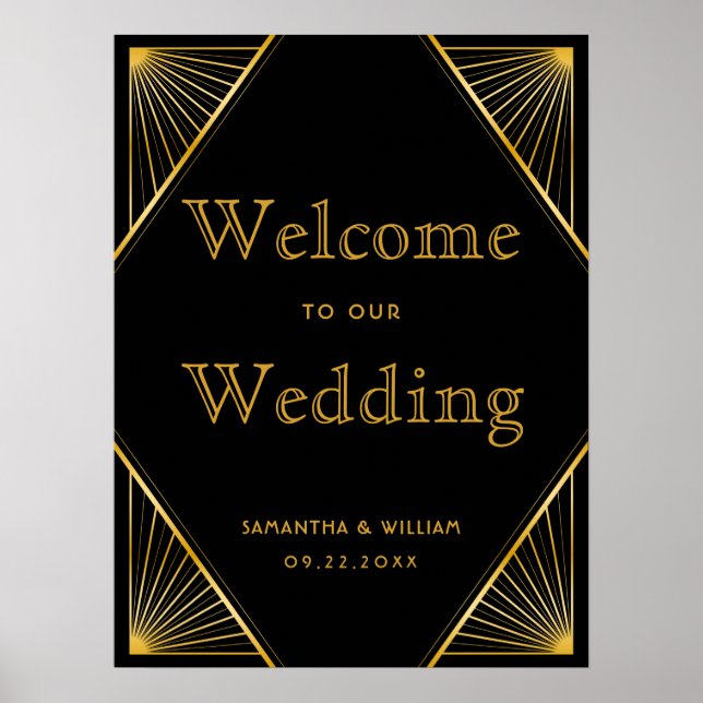 Vintage Elegant Art Deco Gold Wedding Welcome Sign (Front)