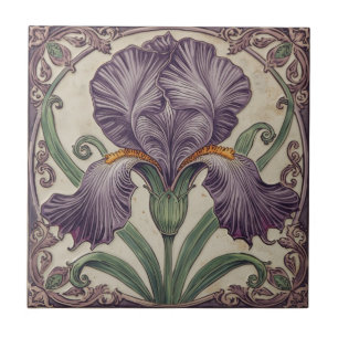 Vintage Elegant Art Nouveau purple Iris Bloom Ceramic Tile