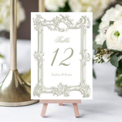 Vintage Elegant Baroque Frame Sage Green Wedding Table Number