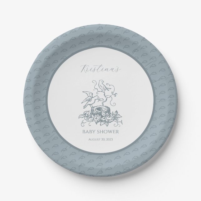Vintage Elegant Bird Nest Baby Shower Paper Plates (Front)