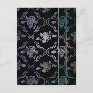 Vintage Elegant Black and Blue-Green Damask Roses Postcard
