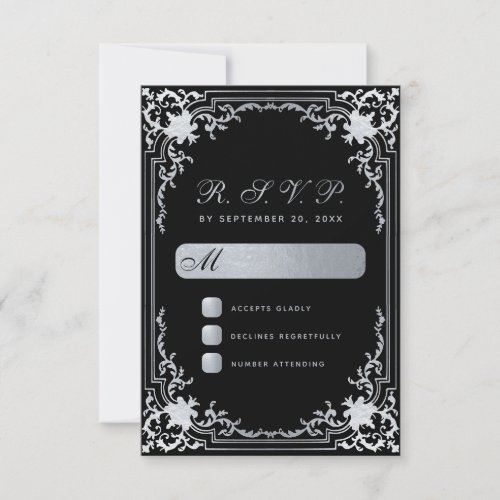 Vintage Elegant Black Faux Silver Wedding RSVP Card