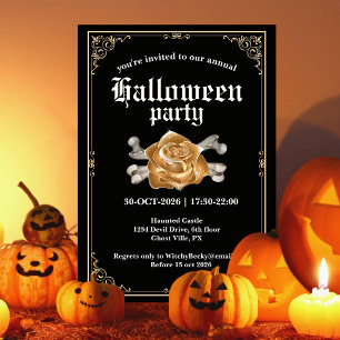 Vintage Elegant Black Golden Rose Halloween Party Invitation