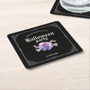 Vintage Elegant Black Purple Rose Halloween Party Square Paper Coaster