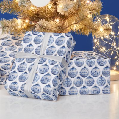Vintage Elegant Blue and White Christmas Ornament  Wrapping Paper