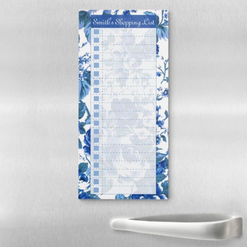 Vintage Elegant Blue Floral Shopping List Magnetic Notepad