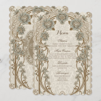 Vintage Elegant Blue Gold Floral Wedding Menu