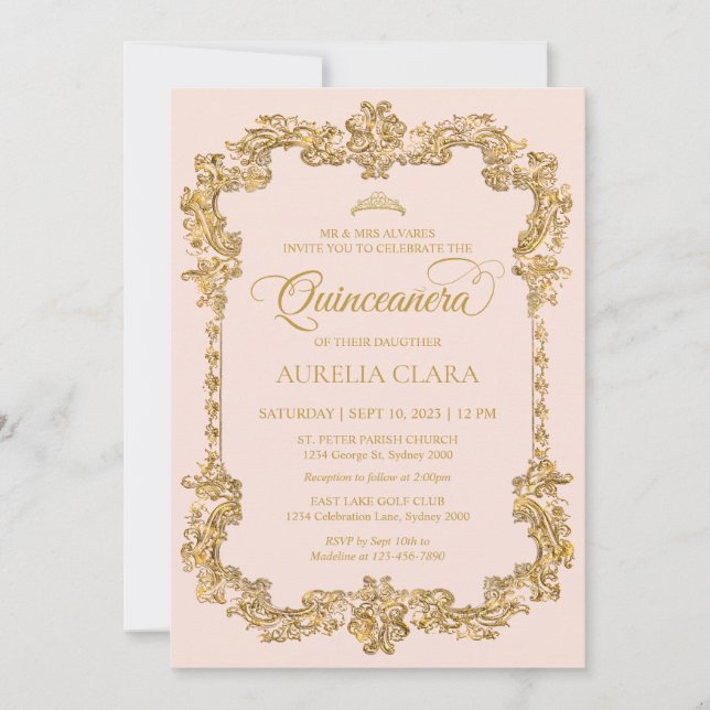 Vintage Elegant Blush Pink Gold Tiara Quinceanera Invitation (Front)
