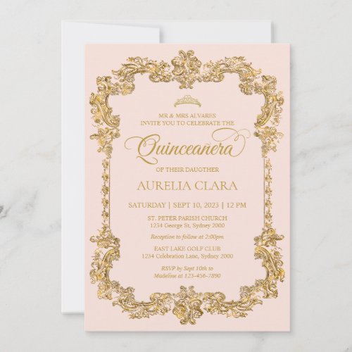 Vintage Elegant Blush Pink Gold Tiara Quinceanera Invitation