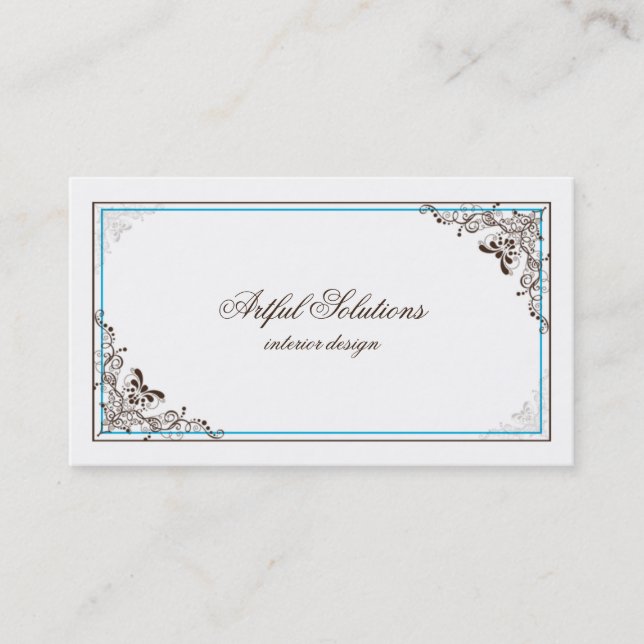 Vintage Elegant Brown Teal Scrolls Business Card (Front)