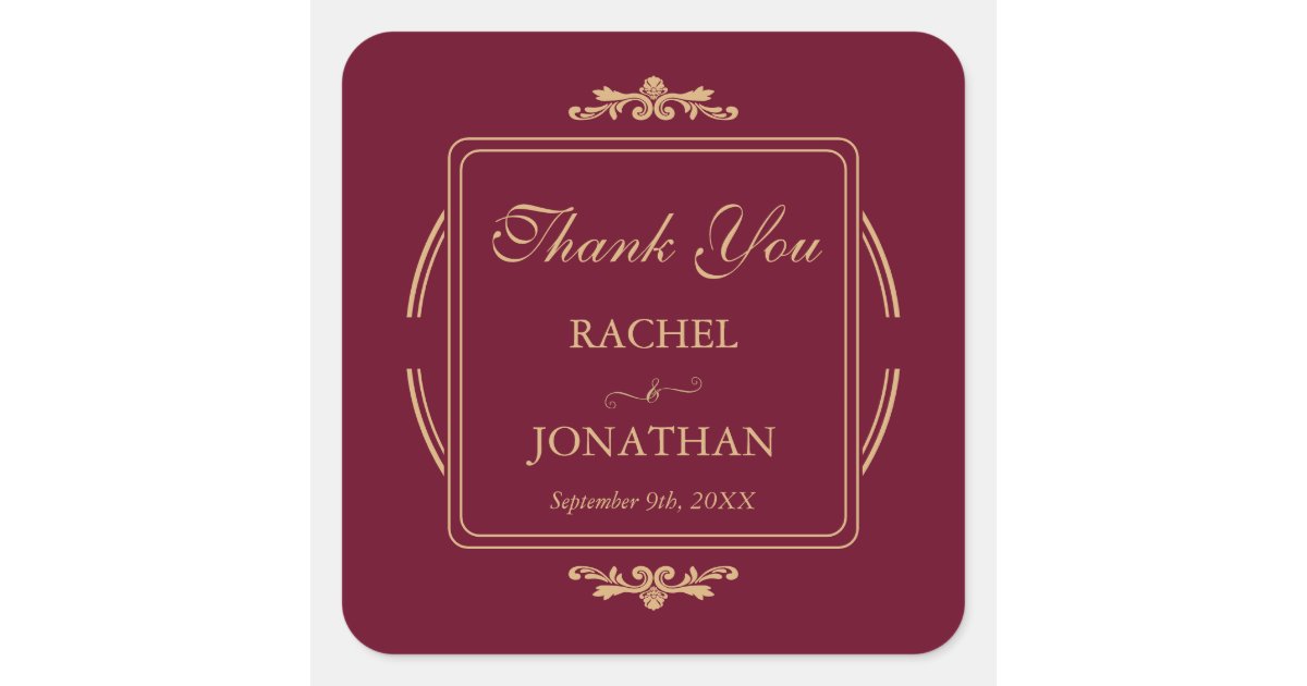 Vintage Elegant Burgundy & Gold Wedding Thank You Square Sticker | Zazzle
