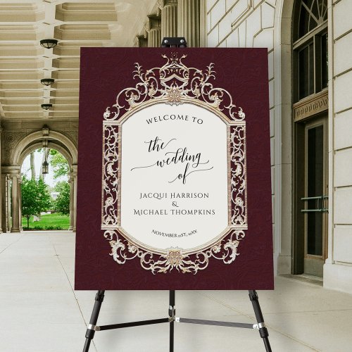 Vintage Elegant Burgundy Gold Wedding Welcome Sign