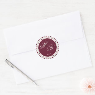 Vintage Elegant Burgundy Ivory Cream Lace Wedding Classic Round Sticker