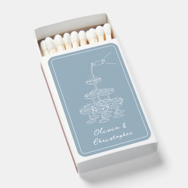 Vintage Elegant Champagne Tower Sketch Dusty Blue Matchboxes (Front Open)