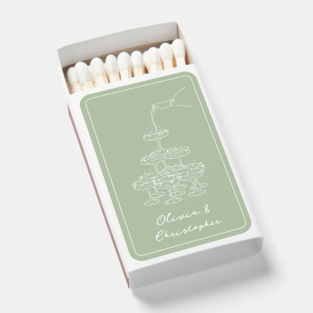 Vintage Elegant Champagne Tower Sketch Sage Green Matchboxes (Front Open)