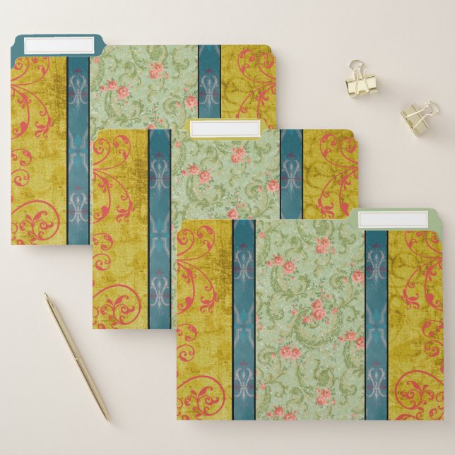 Vintage Elegant Chartreuse Floral  File Folder (Set)