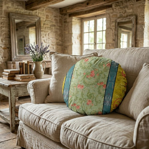 Vintage Elegant Chartreuse Floral Round Pillow