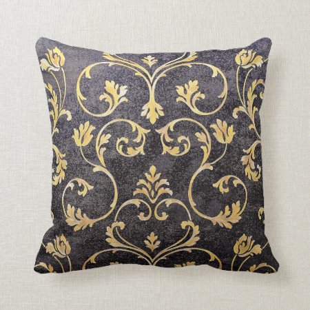 Vintage Elegant Chic Black And Gold Floral Damask Throw Pillow