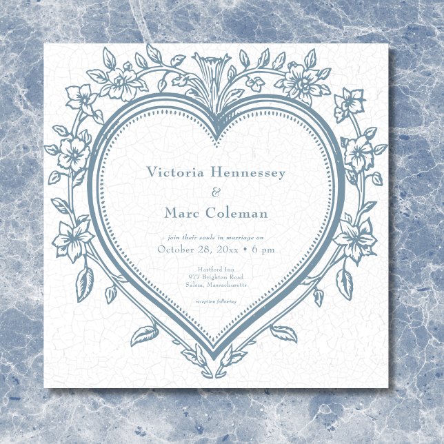 Vintage Elegant Chinoiserie Blue Heart Wedding Invitation (Vintage Elegant Chinoiserie Blue Heart Wedding Invitation)