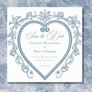 Vintage Elegant Chinoiserie Blue Heart Wedding Save The Date