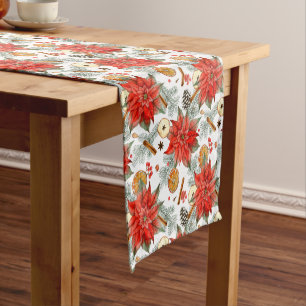 Vintage Elegant Christmas Watercolor Poinsettia Short Table Runner