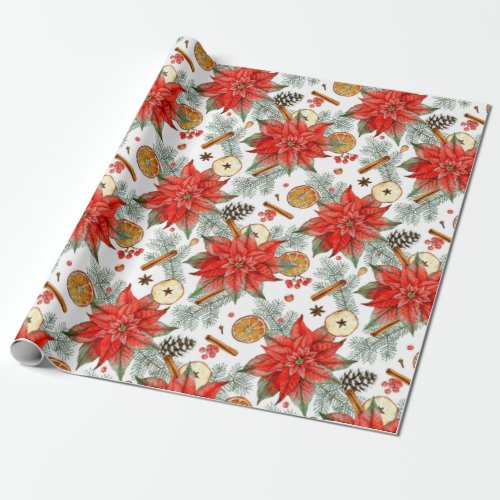 Vintage Elegant Christmas Watercolor Poinsettia Wrapping Paper