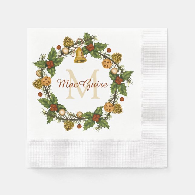 Vintage Elegant Christmas Wreath Monogram Initial Napkins (Front)