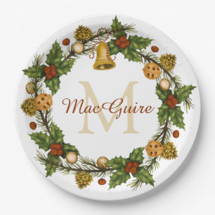 Vintage Elegant Christmas Wreath Monogram Initial Paper Plates