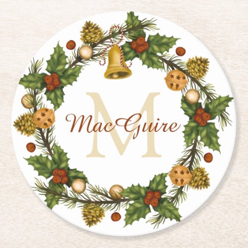 Vintage Elegant Christmas Wreath Monogram Initial Round Paper Coaster