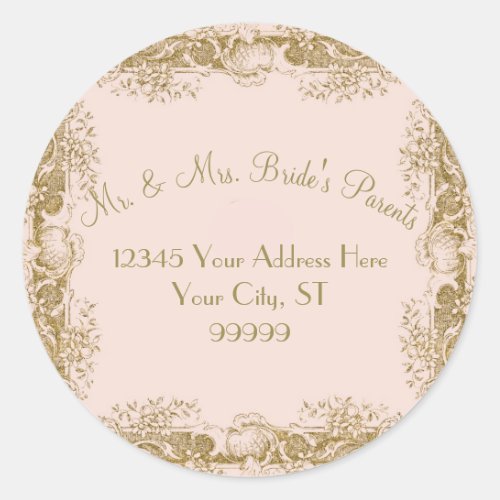 Vintage Elegant Classic Pink Gold Wedding Address Classic Round Sticker