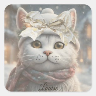 Vintage Elegant Cute Christmas Cat Lover Gift Square Sticker