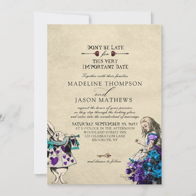 Vintage Elegant Dark Alice in Wonderland Wedding Invitation (Front)