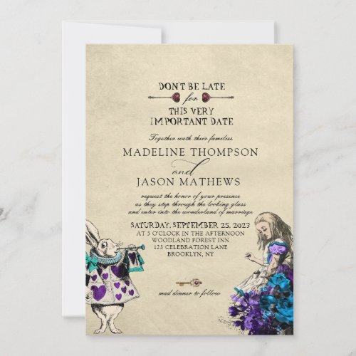 Vintage Elegant Dark Alice in Wonderland Wedding Invitation