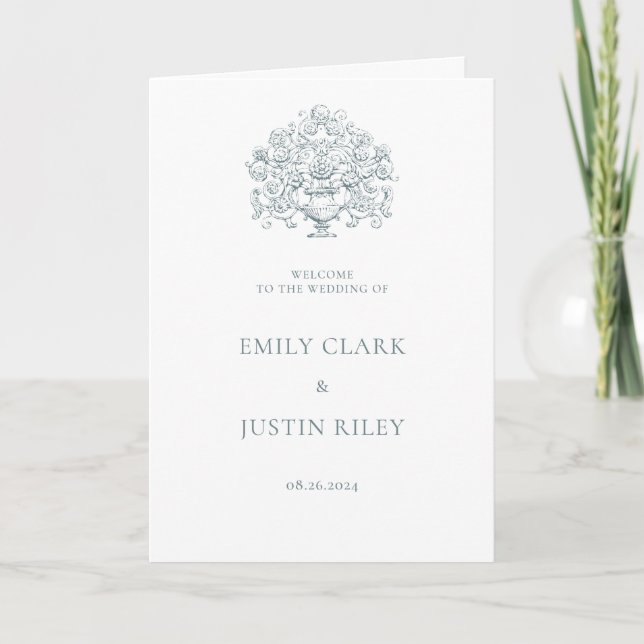 Vintage Elegant Dusty Blue Baroque Wedding Booklet Program (Front)